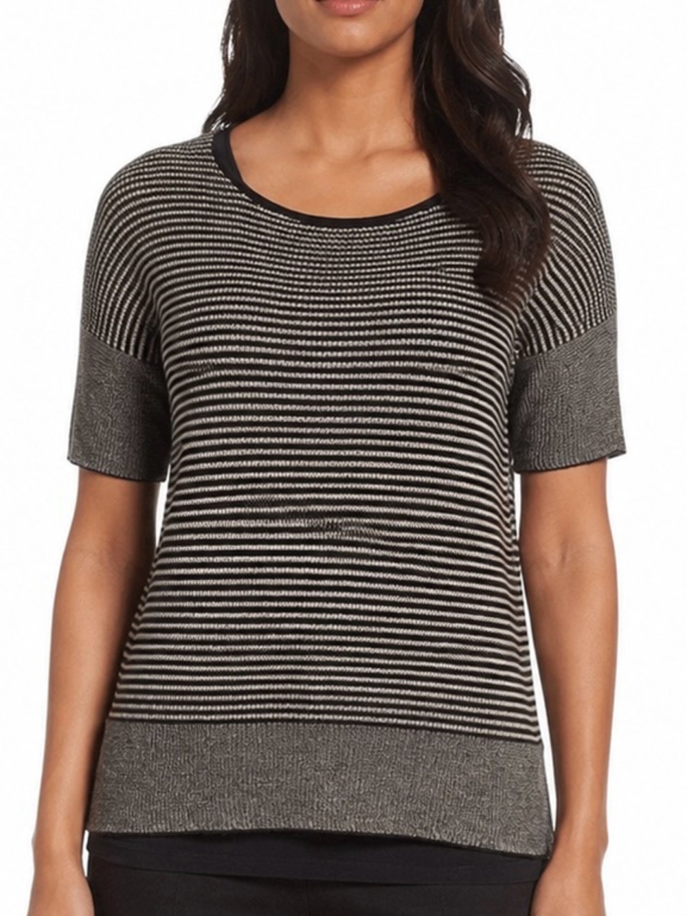 Eileen Fisher Organic Linen Striped Short Sleeve Knit Top, Black/Cream, PS